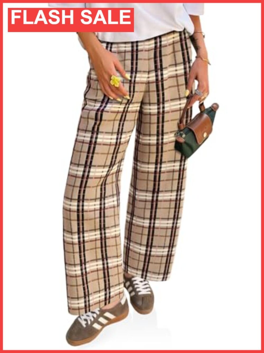 Womens Wide Leg Palazzo Pants High Waisted Elastic Waist Plaid Trousers